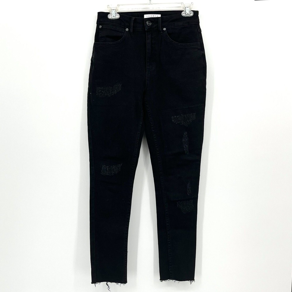 Sandro‎ Paris Sz 40 (8/10) Black Denim Distressed Skinny Jeans Raw Hem High Rise